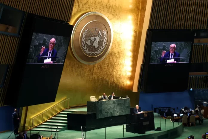 Palestine's UN representative Riyad Mansour speaks at an emergency special session of the UN General Assembly at the UN headquarters in New York City, the US, in October 2023